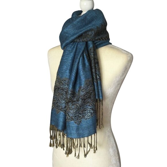 Accessories - Blue Scarf Tassel Fringe Paisley Border Gold Regal Wrap Shawl
